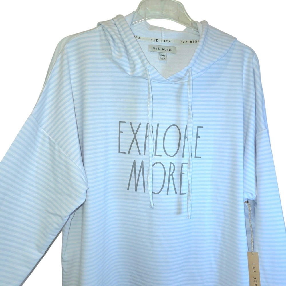 Rae Dunn Hoodie Sweatshirt Pullover Womens XL Top Stripe Long Sleeve Blue White - Picture 7 of 16